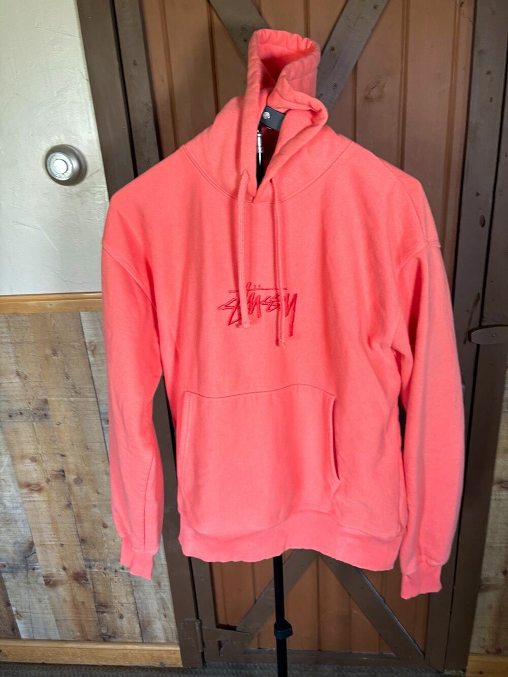 Stussy Embroidered Logo Hoodie Pink Coral Size Large